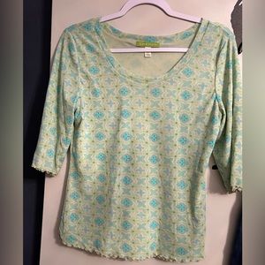 Sigrid Olsen green blue floral 3/4 Sleeve Catalina Cruise blouse Large